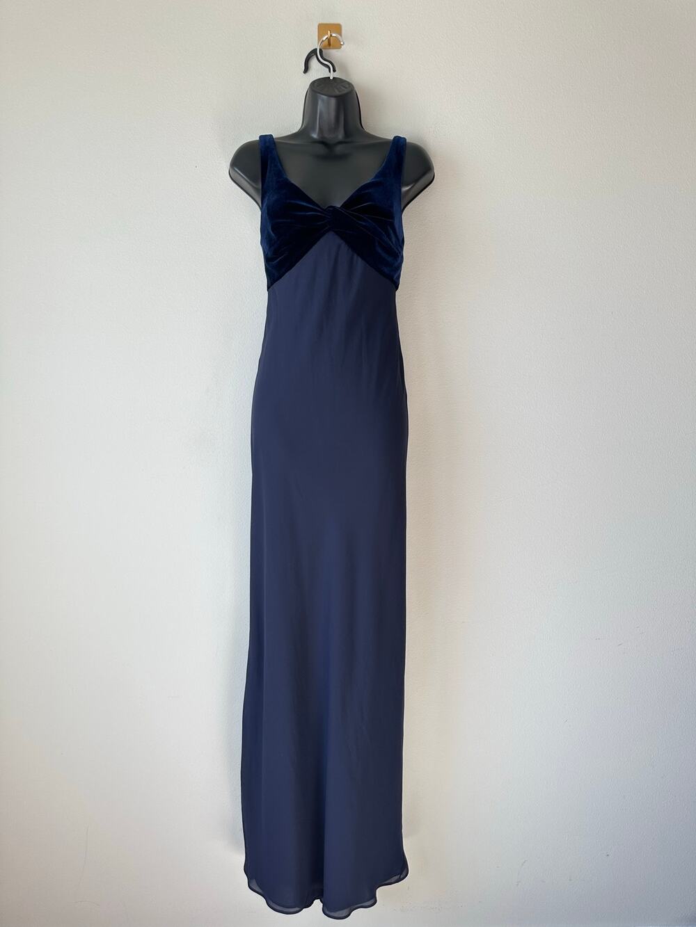 Vintage 90s Niki Livas Navy Velvet Chiffon Maxi Dress Prom Formal Gown Size 12